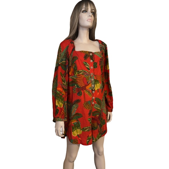 Anthropologie Farm Rio Red Forest Birds Romper Playsuit Linen Tiki Bold Print - Picture 4 of 16